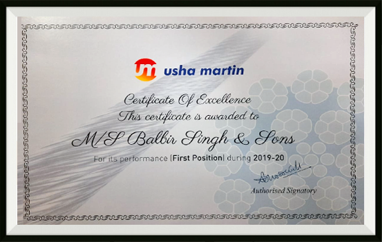 Usha Martin Certificate of Excellence